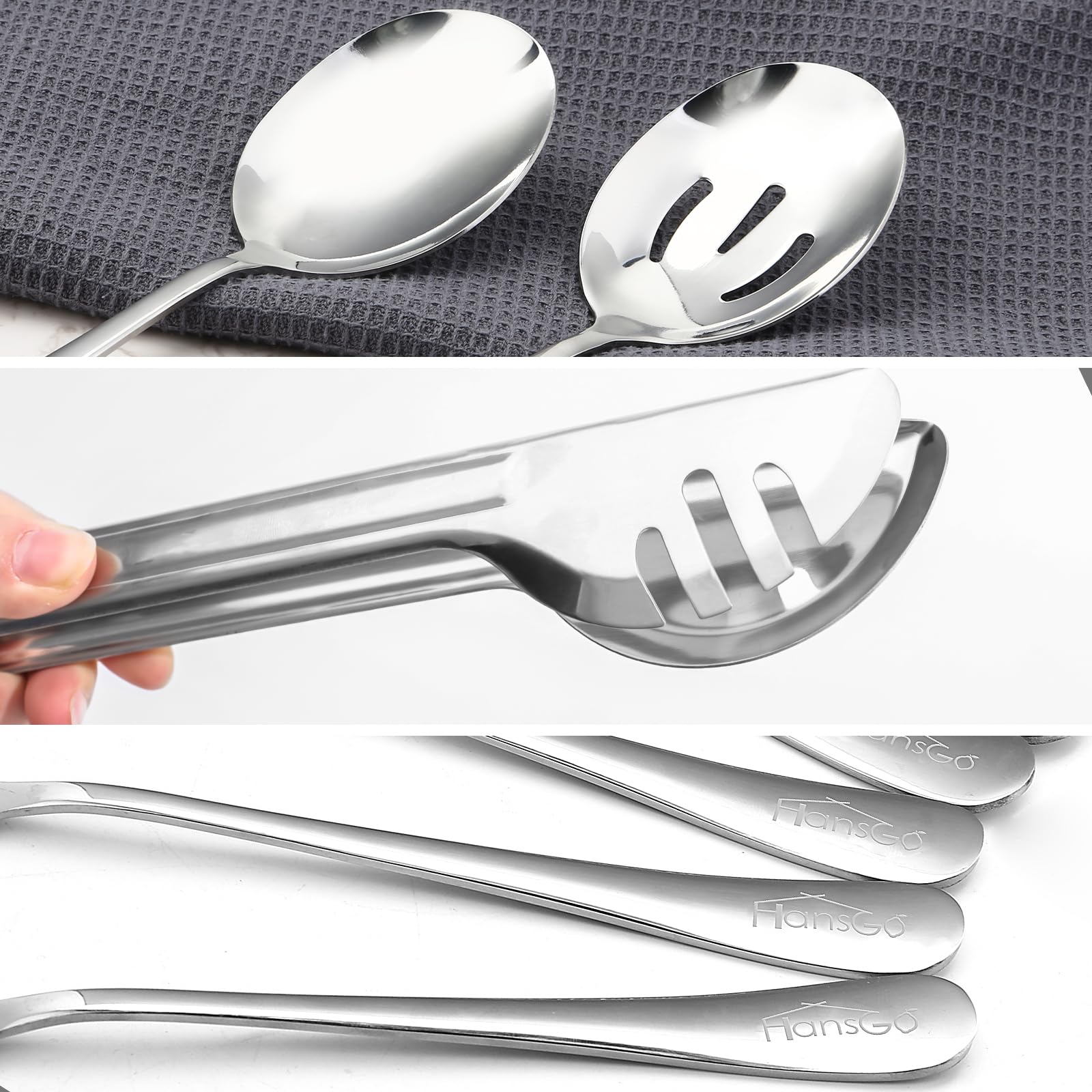 Hansgo Serving Utensils Stainless Steel, 6Pcs Large Serving Utensils Including 2 Serving Spoons, 2 Slotted Spoons, 2 Serving Ton